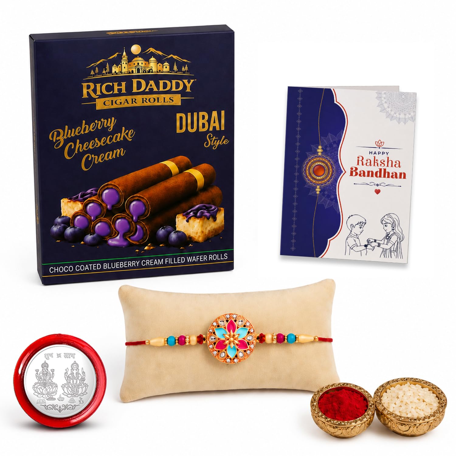 Round Multicolor Rakhi – Blueberry Cream Wafer Roll Gift Combo Gift Set (Pack of 5) For Raksha Bandhan