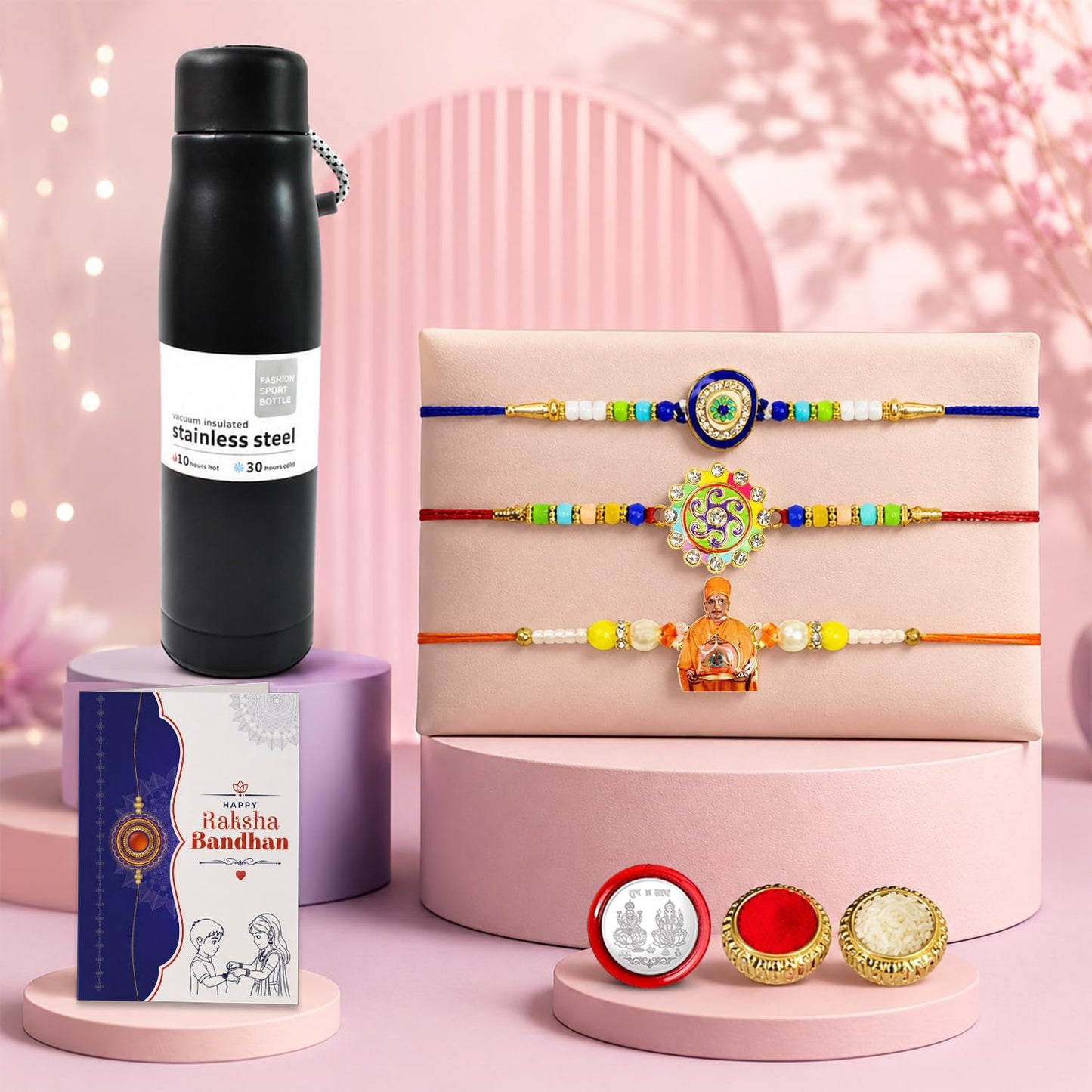 Multicolor Evil Eye, Spiral, Swami Maharaj & Guru Ji Rakhi Combo | Pack of 7