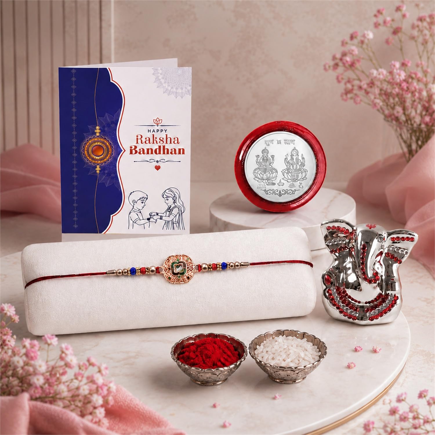Rakhi for Brother – Ganesh Idol Beautiful Rakhi with Silver Color Pooja Coin