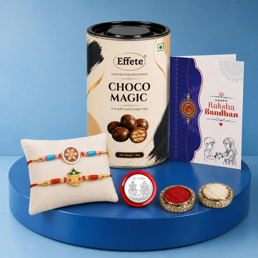 Colorful Round Shape, Kalash Multicolor Rakhi & Chocolate Magic 96gm with Roli Chawal, Silver Color Pooja Coin & Greeting Card, rakhi combo for brother, Rakshbandhan Combo, Pack of 6 For Raksha Bandhan