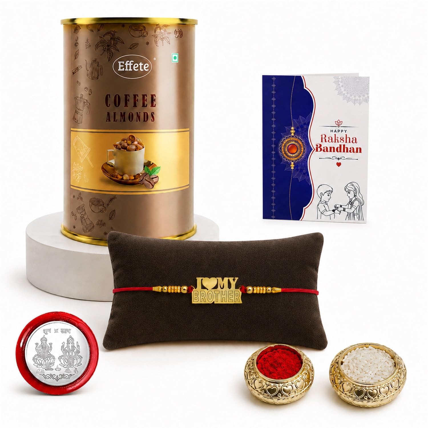 Designer Rakhi for Brother with Coffee Almond 96gm, Roli Tikka & Card, Pack of 5