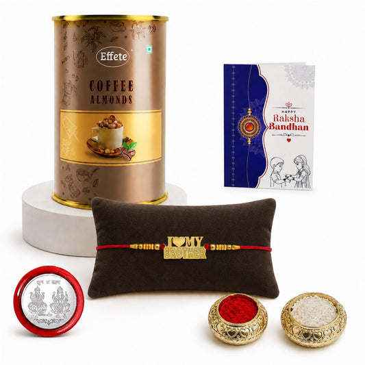 Designer Rakhi for Brother with Coffee Almond 96gm, Roli Tikka & Card, Pack of 5
