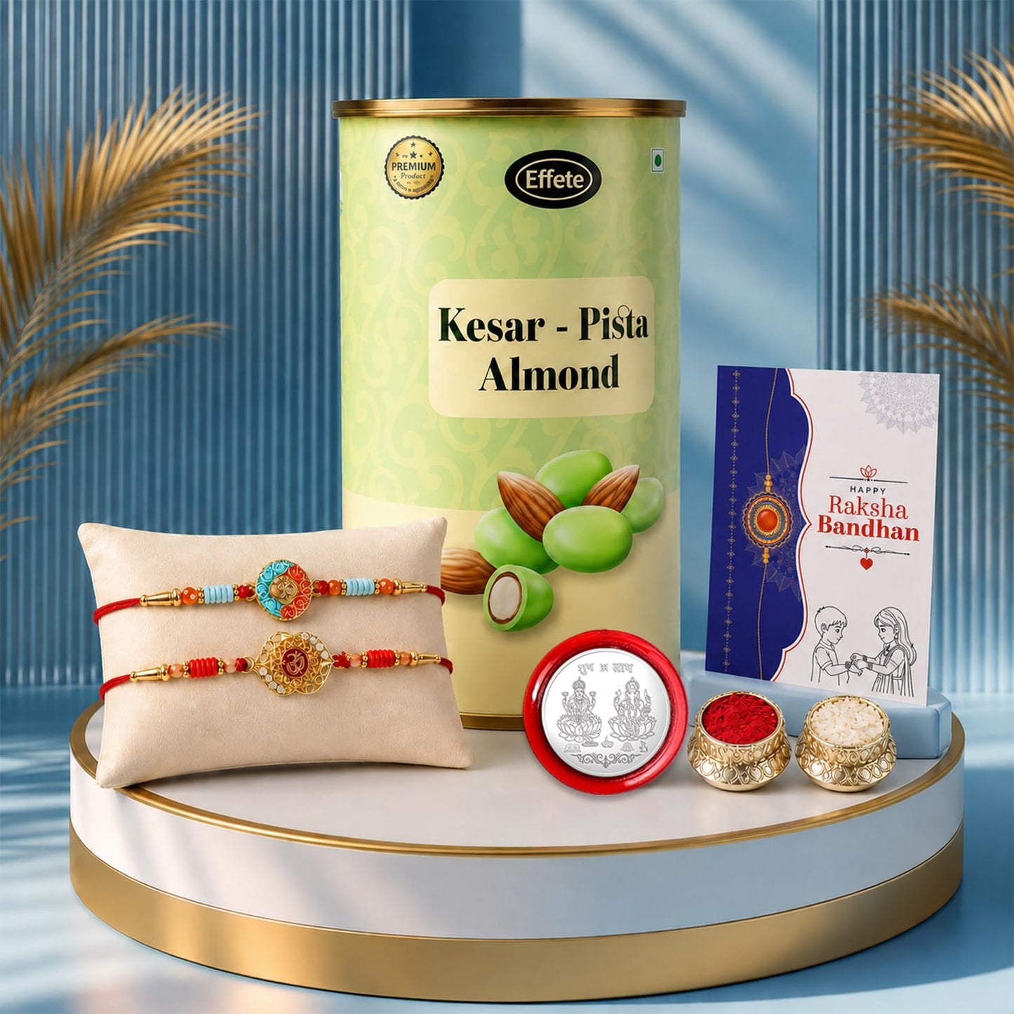 Round Om, Om Multicolor Rakhi & Kesar-Pista Almond 96gm with Roli Chawal, Silver Color Pooja Coin & Greeting Card, rakhi combo for brother, Rakshbandhan Combo, Pack of 6 For Raksha Bandhan