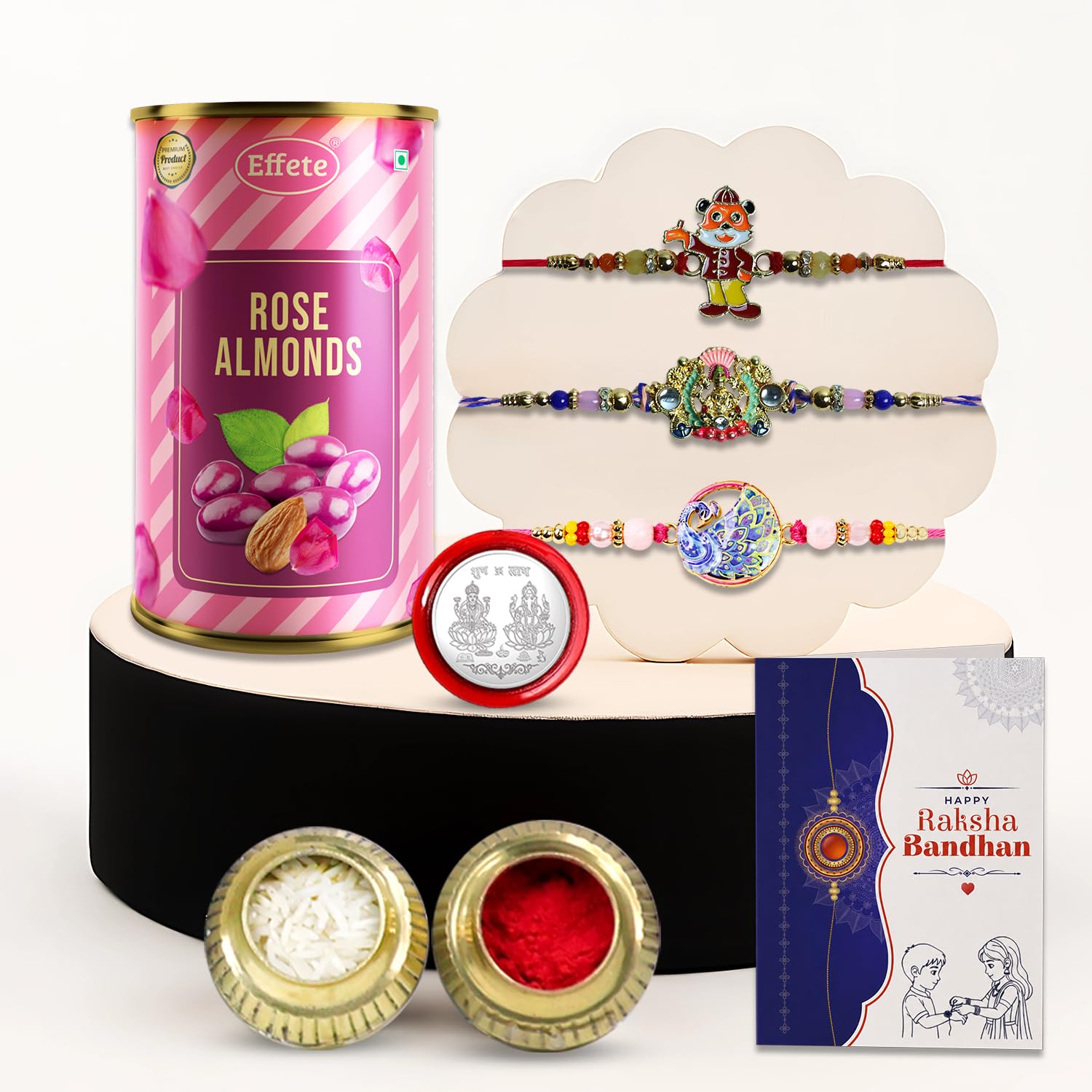 Designer Rakhi for Brother with Rose Almond 96gm, Roli Chawal & Card, Pack of 3