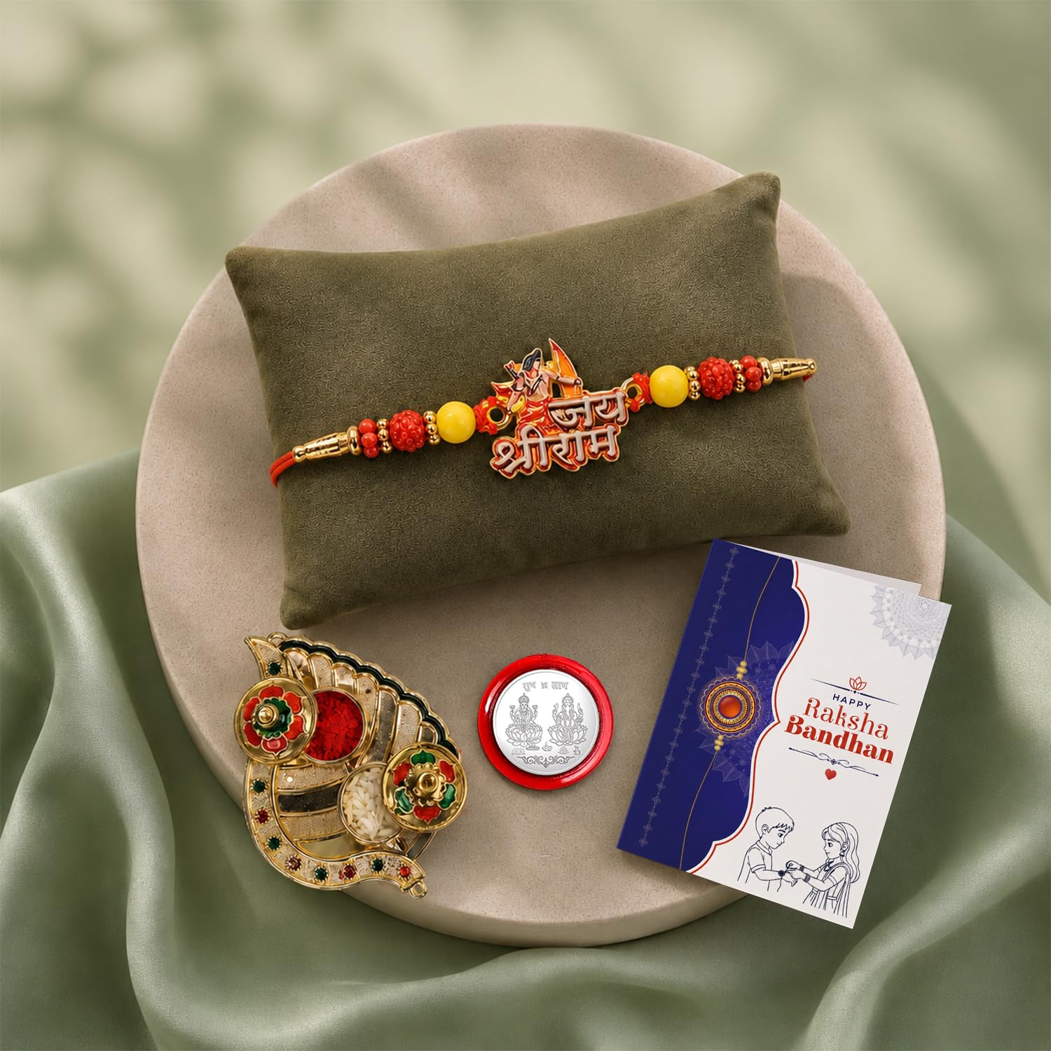 Shri Ram Multicolor Rakhi for Brother & Bhaiya with Leaf Shape Pooja | Pack of 5