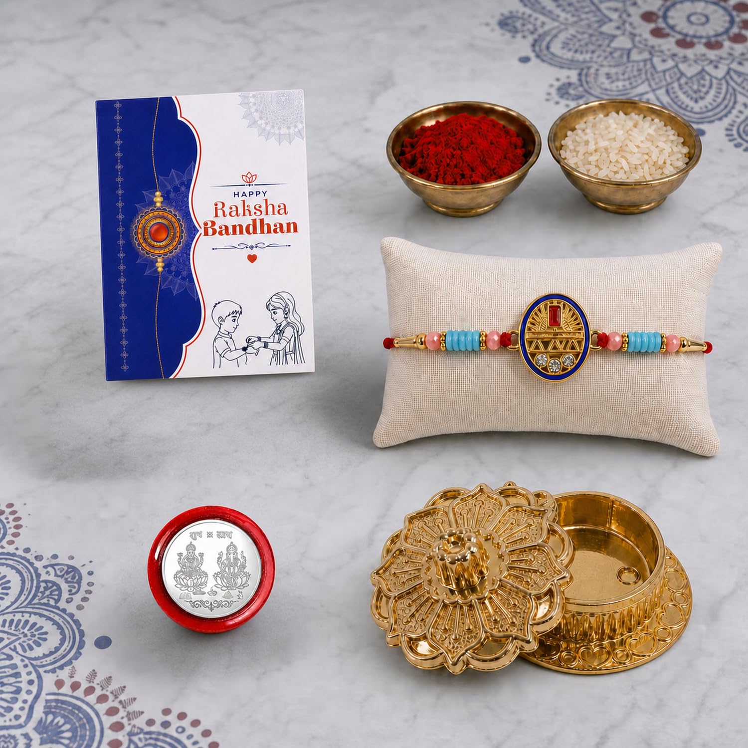 Geometric Multicolor Rakhi for Brother & Bhaiya with Golden Pooja | Pack of 5