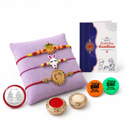 Multicolor Rakhi Combo Deity,Bunny Charm,Ganesha Charm with Decorative Magnets