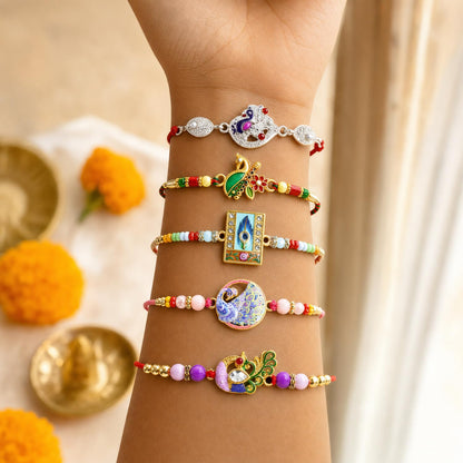Designer Gorgeous Rakhi for Brother with Roli Tikka, Pooja Coin & Card, Pack of 8