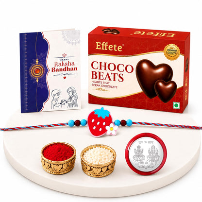 Strawberry Rakhi for Brother with Choco Beats 32gm, Roli Chawal & Card, Pack of 5