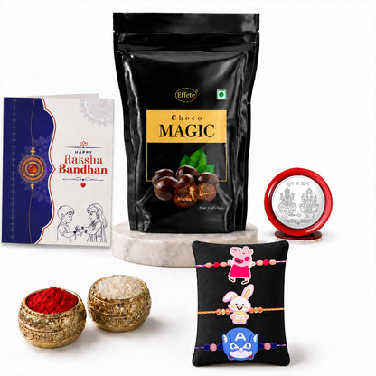 Kids Rakhi for Brother with Choco Magic Pouch, Roli Tikka & Card, Pack of 7