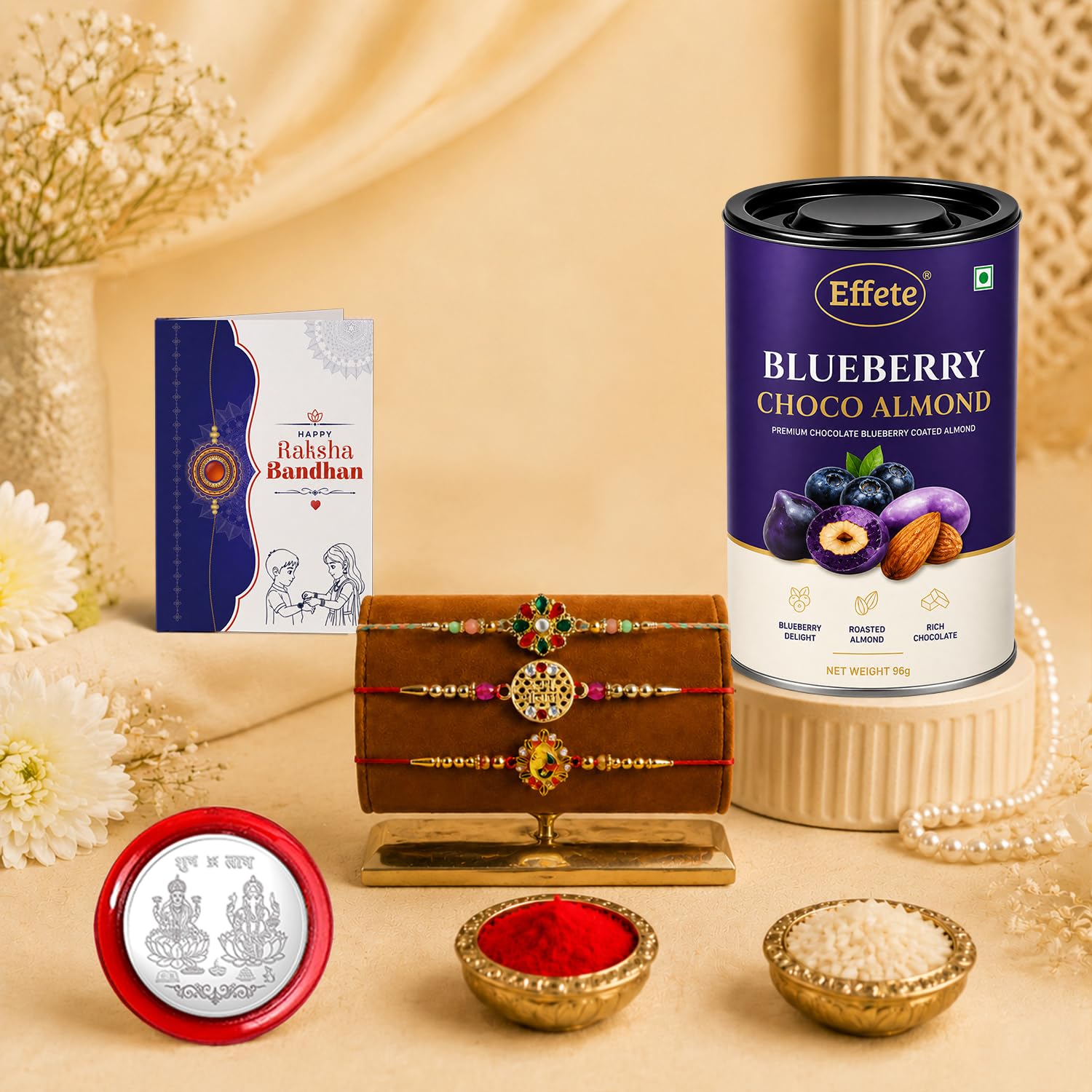 Rakhi with Chocolate for Brother (Set of 7) – Raksha Bandhan Festival Celebration with Jai Shree Ram, Flower & Leaf Shape Rakhi, Chocolate, Roli Chawal, Silver Color Coin & Greeting Card