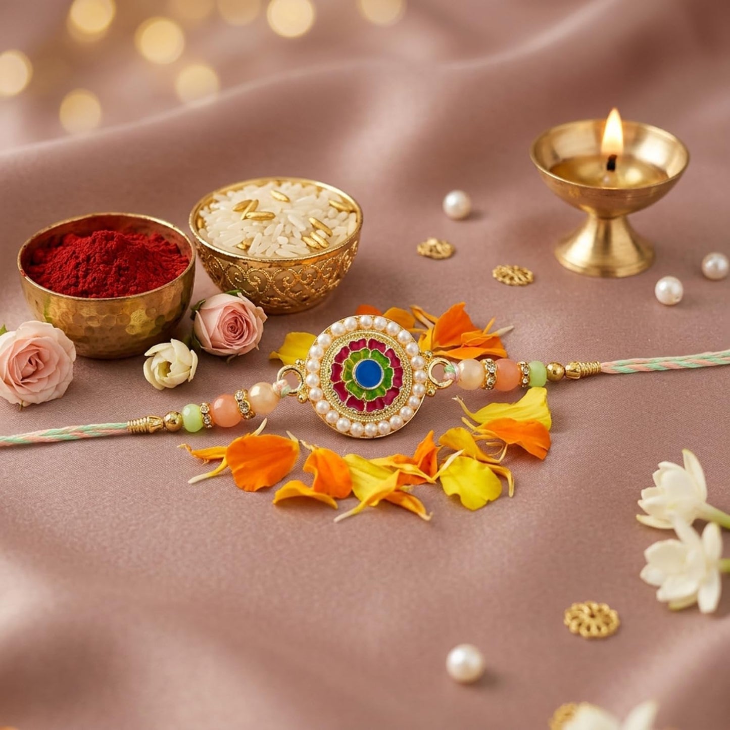 Kundan Rakhi for Brother with Choco Magic Pouch, Roli Tikka & Card, Pack of 7