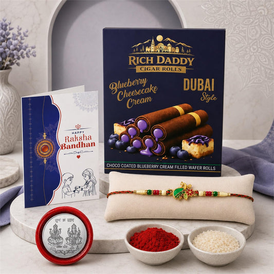 Peacock Rakhi for Brother with Blueberry Wafer Rolls, Coin & Card, Pack of 5