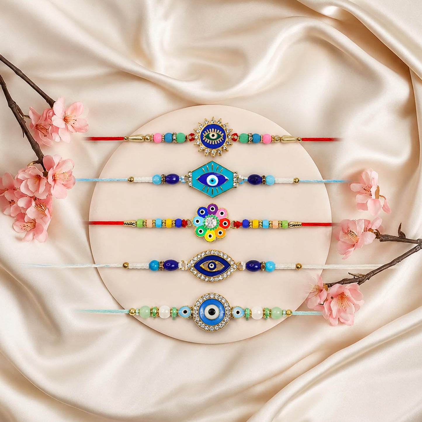 Designer Elegant Rakhi for Brother with Roli Tikka, Pooja Coin & Card, Pack of 8