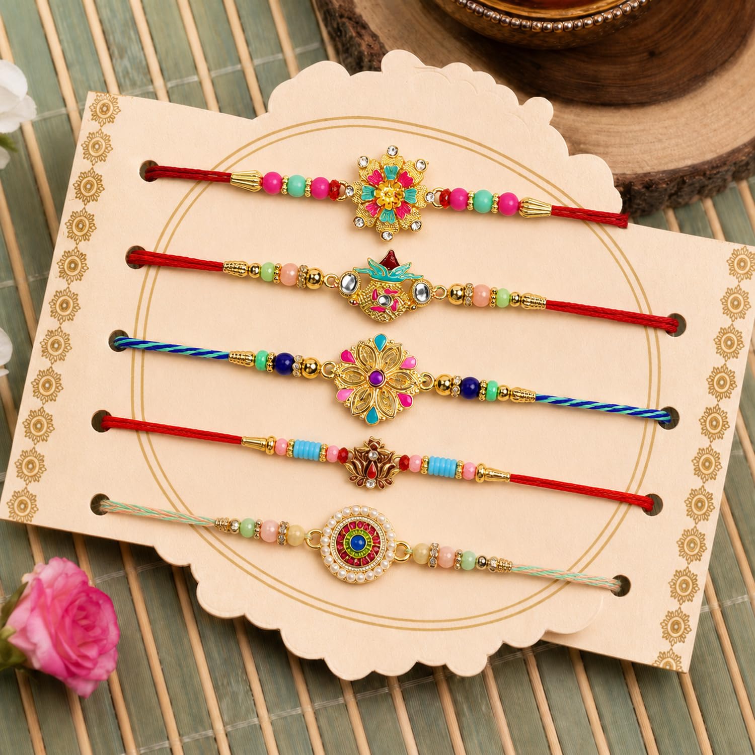 Handcrafted Attractive Rakhi for Brother with Roli Tikka & Card, Pack of 8