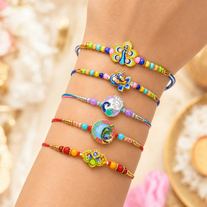 Elegant Vibrant Rakhi for Brother with Roli Tikka, Pooja Coin & Card, Pack of 8
