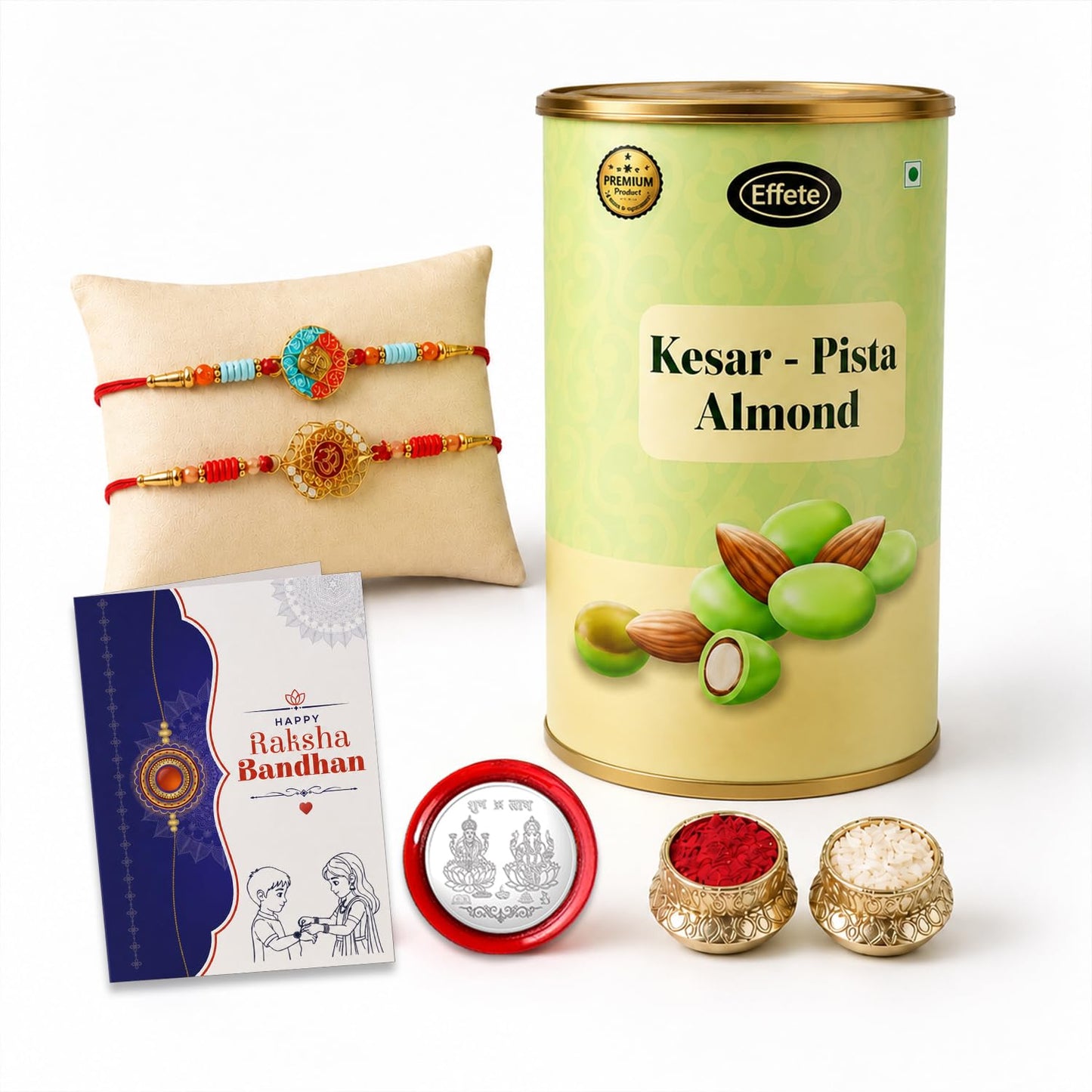 Round Om, Om Multicolor Rakhi & Kesar-Pista Almond 96gm with Roli Chawal, Silver Color Pooja Coin & Greeting Card, rakhi combo for brother, Rakshbandhan Combo, Pack of 6 For Raksha Bandhan