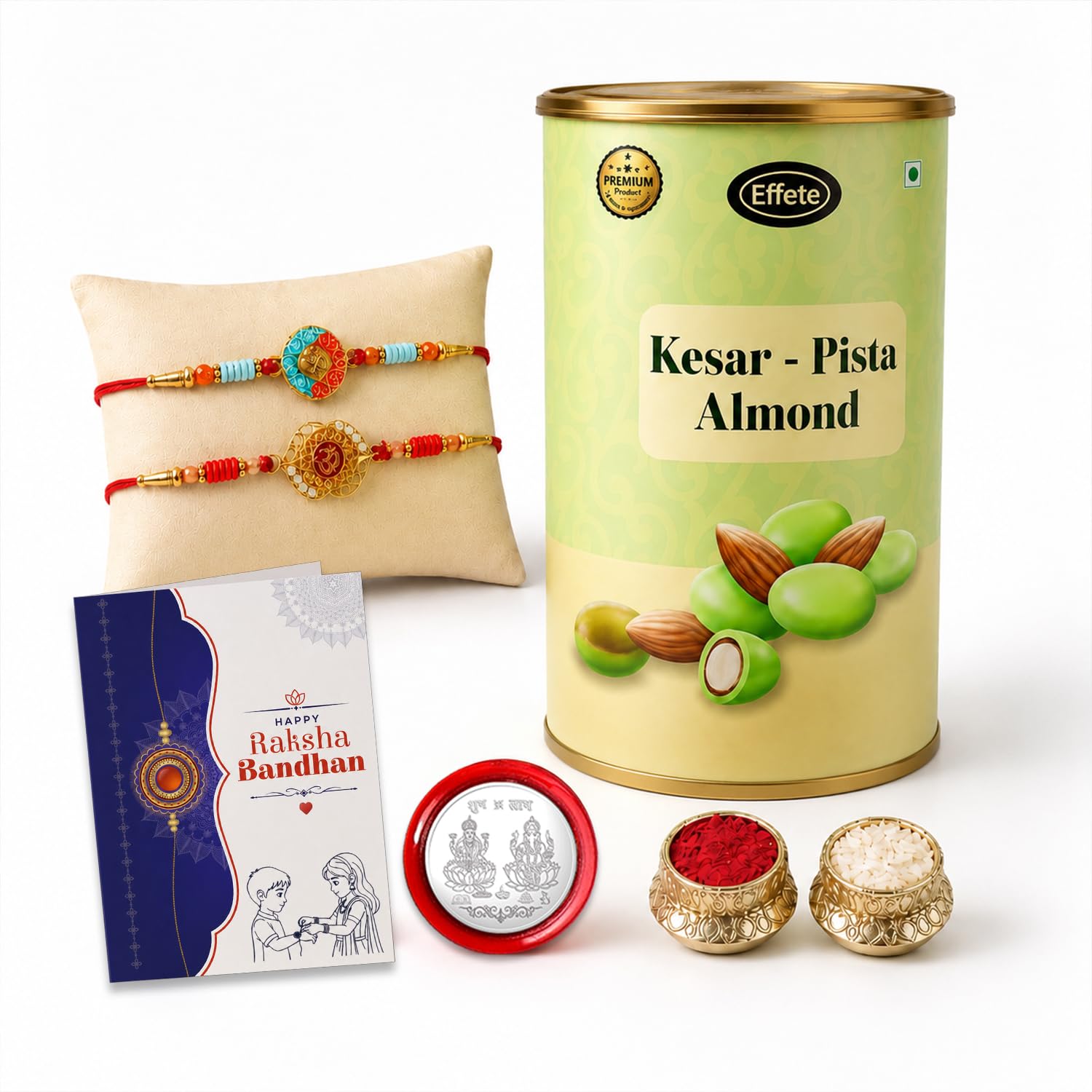 Round Om, Om Multicolor Rakhi & Kesar-Pista Almond 96gm with Roli Chawal, Silver Color Pooja Coin & Greeting Card, rakhi combo for brother, Rakshbandhan Combo, Pack of 6 For Raksha Bandhan