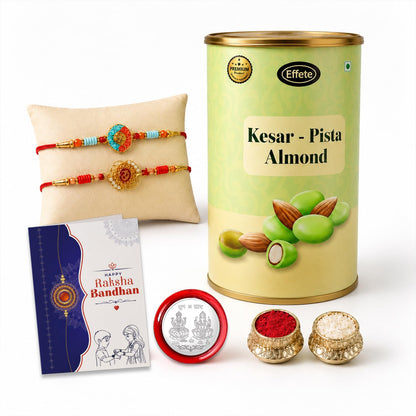 Round Om, Om Multicolor Rakhi & Kesar-Pista Almond 96gm with Roli Chawal, Silver Color Pooja Coin & Greeting Card, rakhi combo for brother, Rakshbandhan Combo, Pack of 6 For Raksha Bandhan