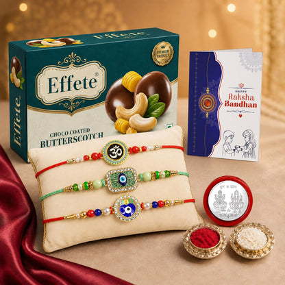 Evil Eye, Om Rakhi Combo - Raksha Bandhan Gift with Choco Butterscotch 32gm, Pack of 7