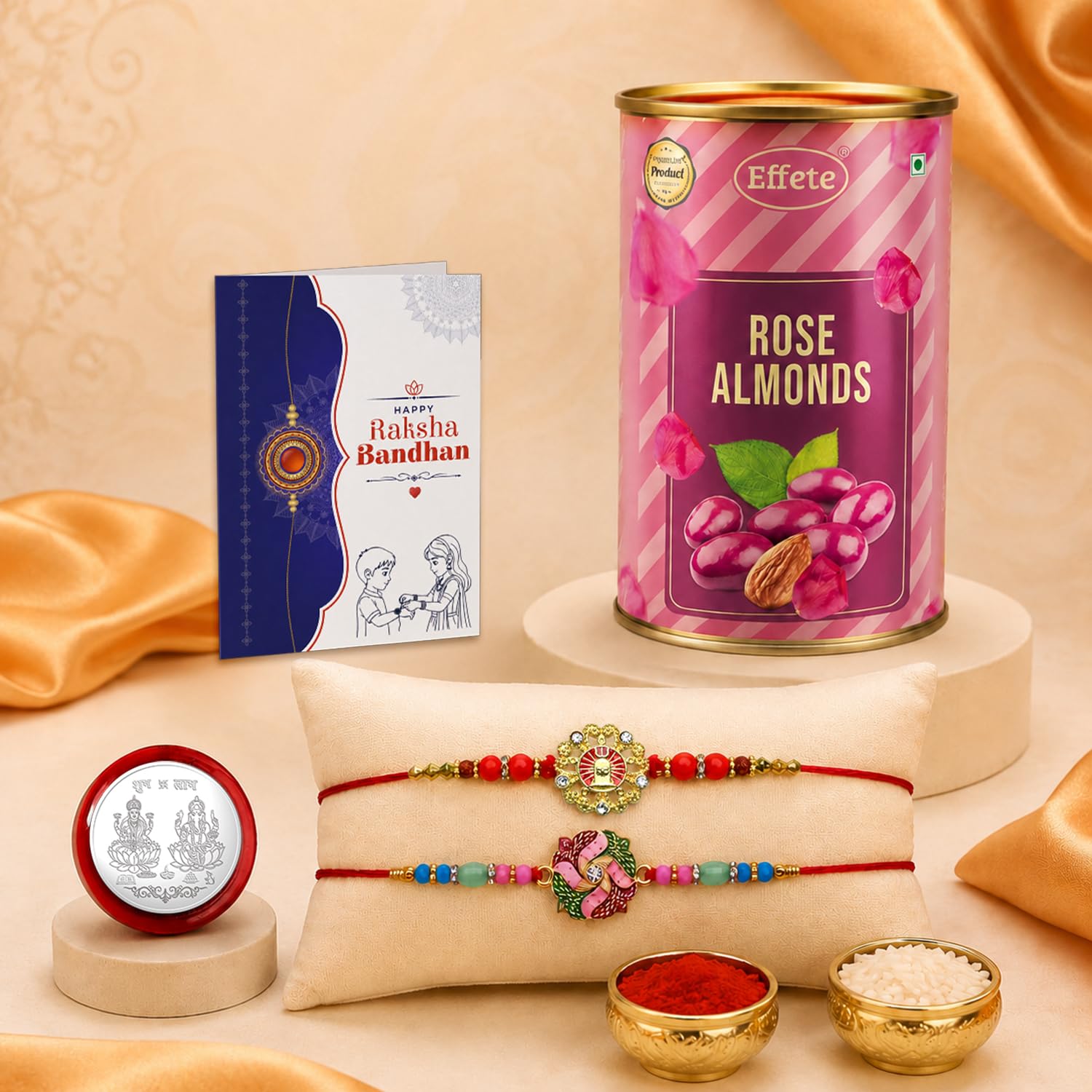 Floral Rakhi for Brother with Rose Almond 96gm, Roli Tikka & Card | Pack of 6
