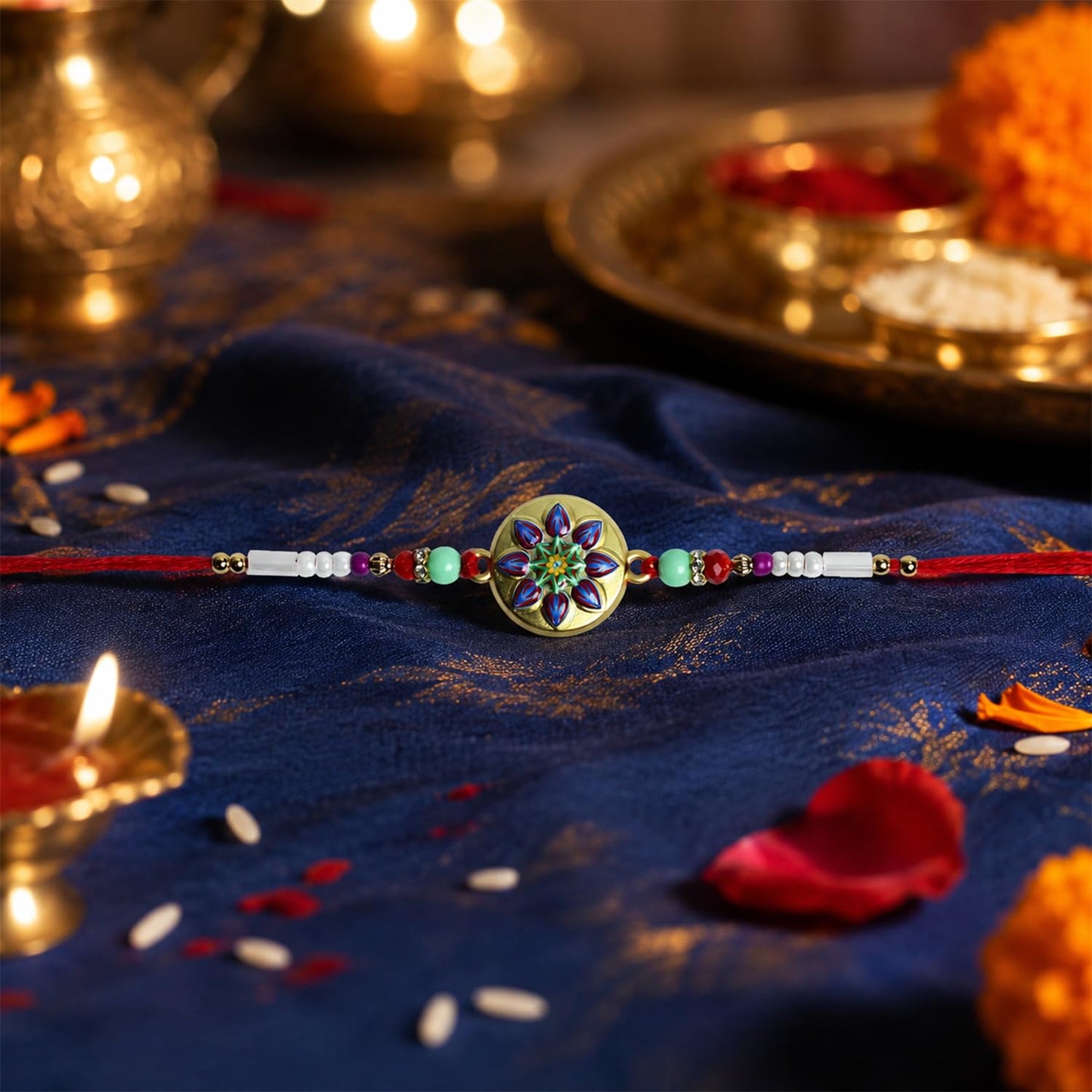 Floral Rakhi for Brother with Butter Scotch 96gm, Roli Tikka & Card, Pack of 5