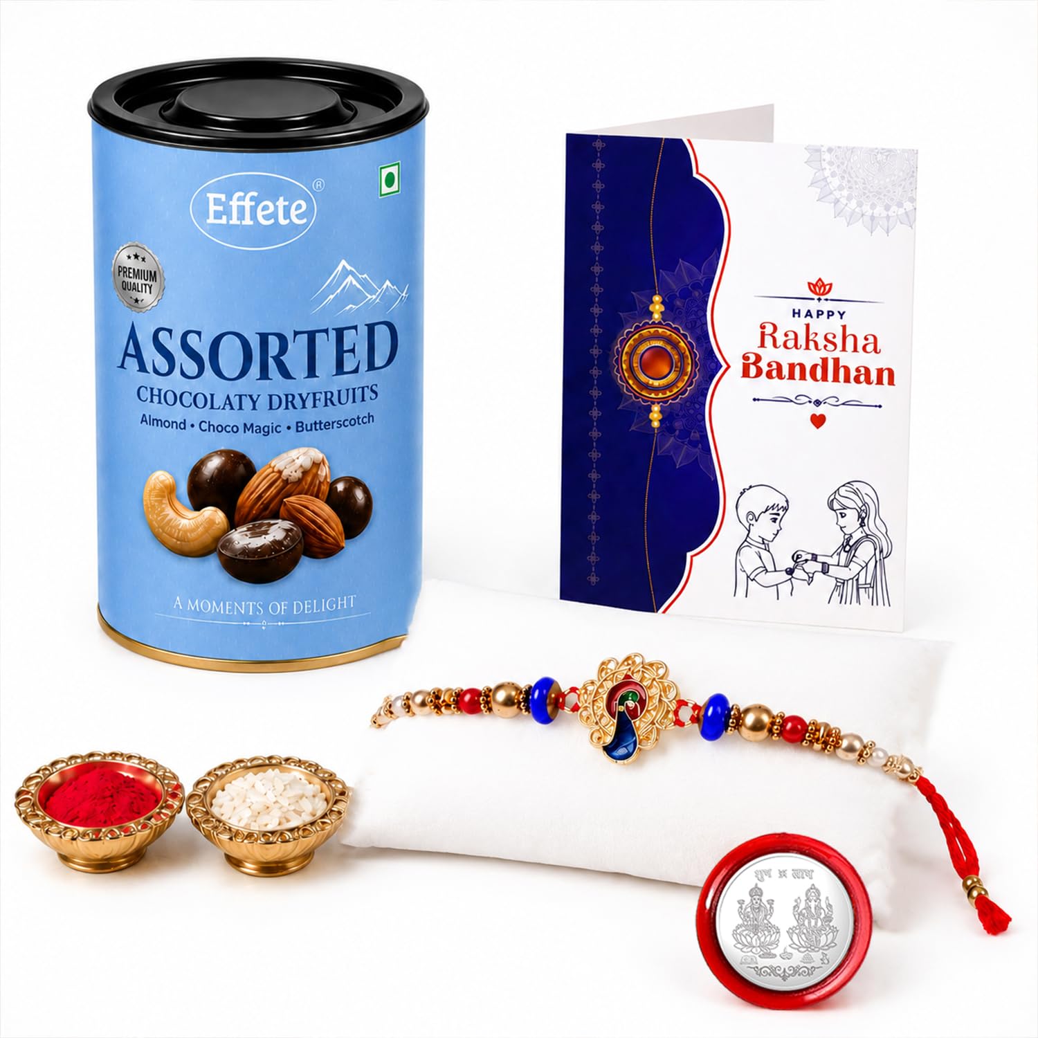 Peacock Rakhi for Brother with Choco Dryfruits 96gm, Roli Tikka & Card, Pack of 5