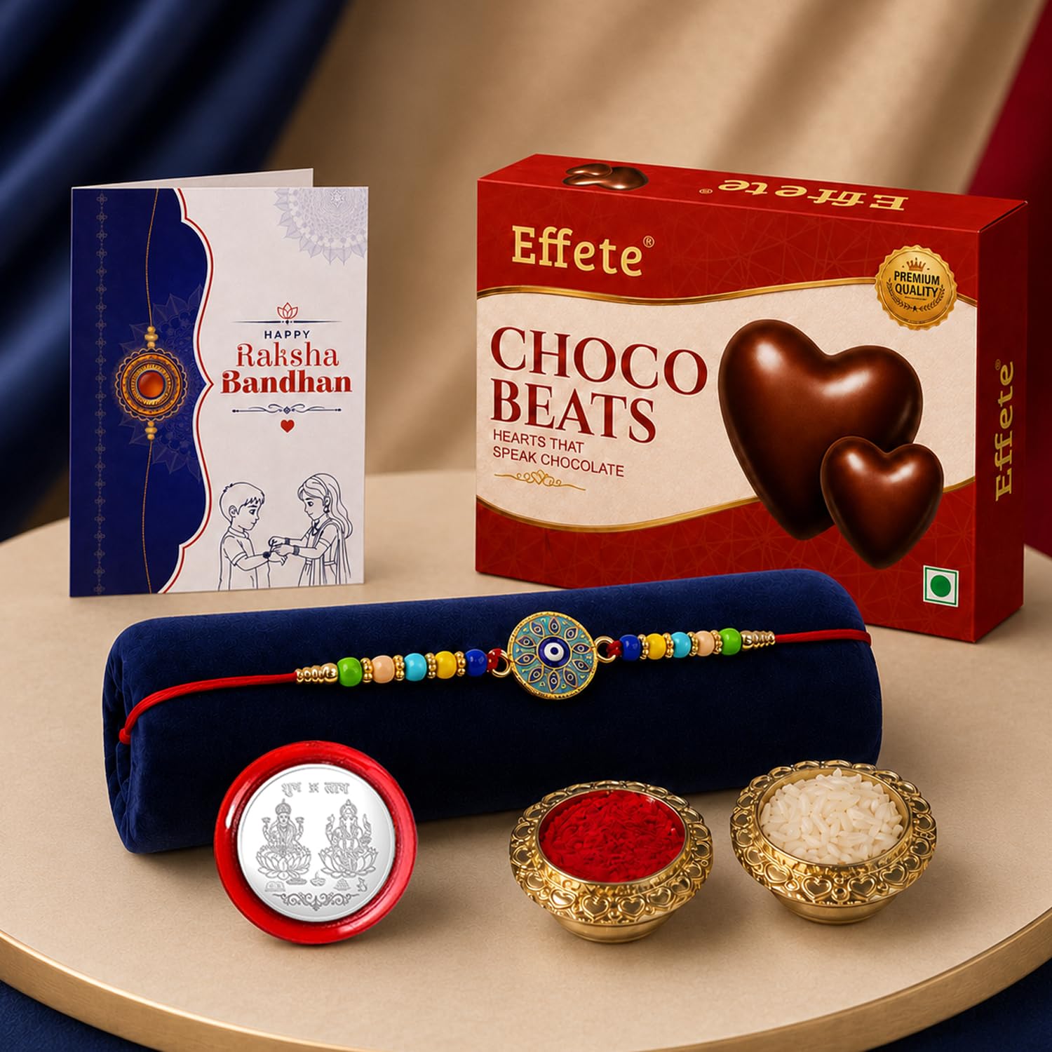 Evil Eye Rakhi for Brother with Choco Beats 32gm, Coin & Card, Pack of 5 | Trendy