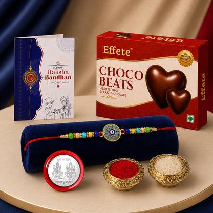 Evil Eye Rakhi for Brother with Choco Beats 32gm, Coin & Card, Pack of 5 | Trendy