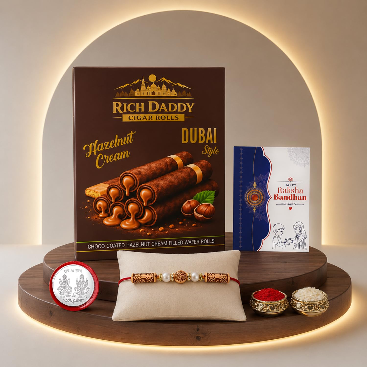 OM Rakhi for Brother with Hazelnut Wafer Rolls, Roli Tikka & Card | Pack of 5