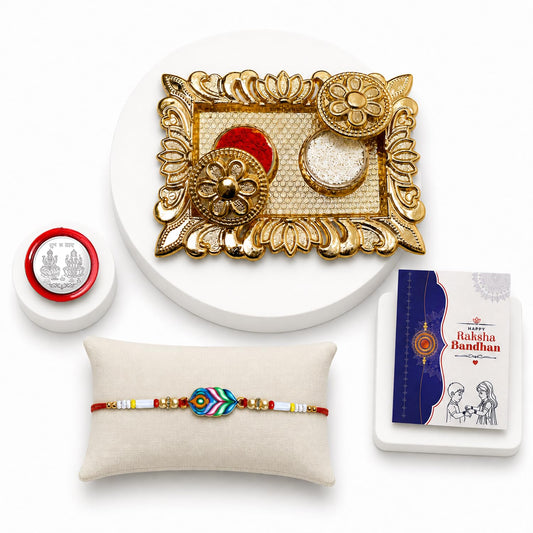 Peacock Feather Rakhi for Brother with Pooja Thali, Roli Tikka & Card, Pack of 5