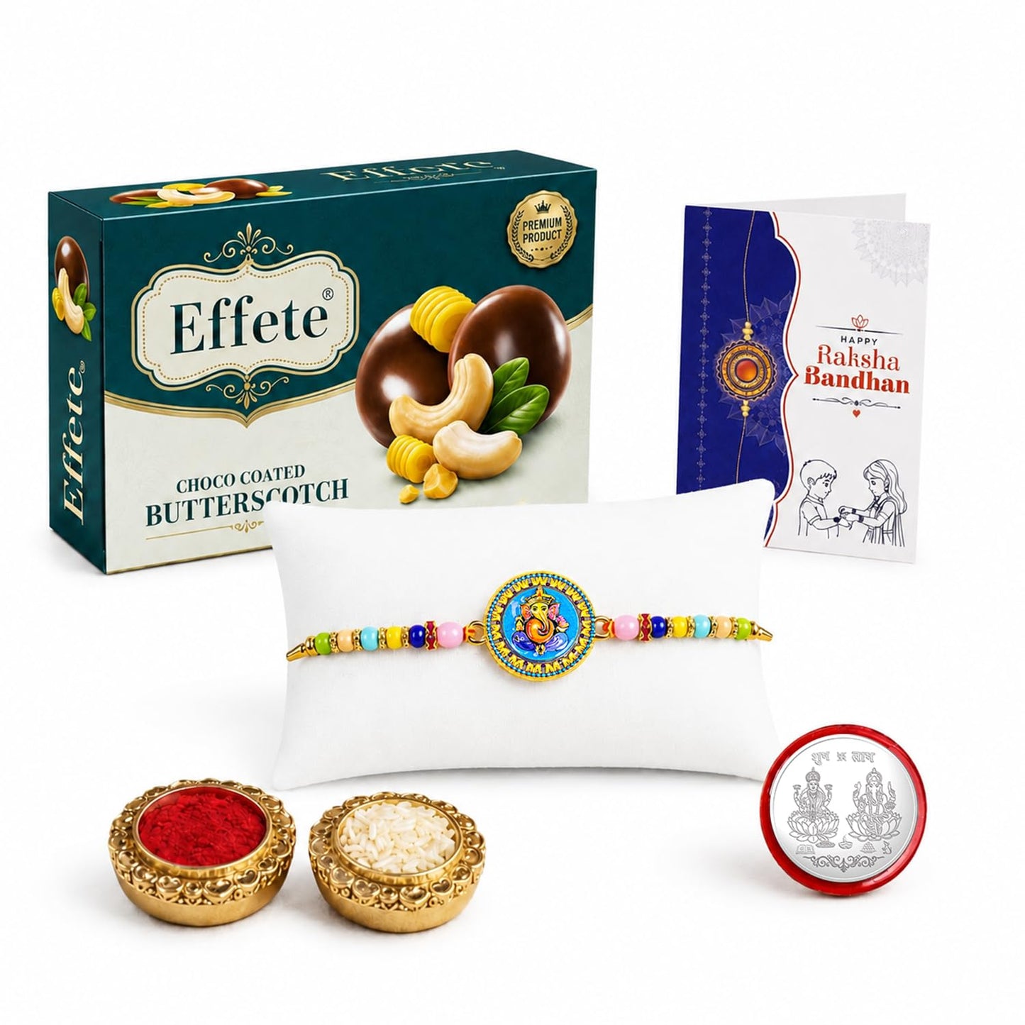 Ganesh Rakhi for Brother with Butter Scotch 32gm, Roli Tikka & Card, Pack of 5
