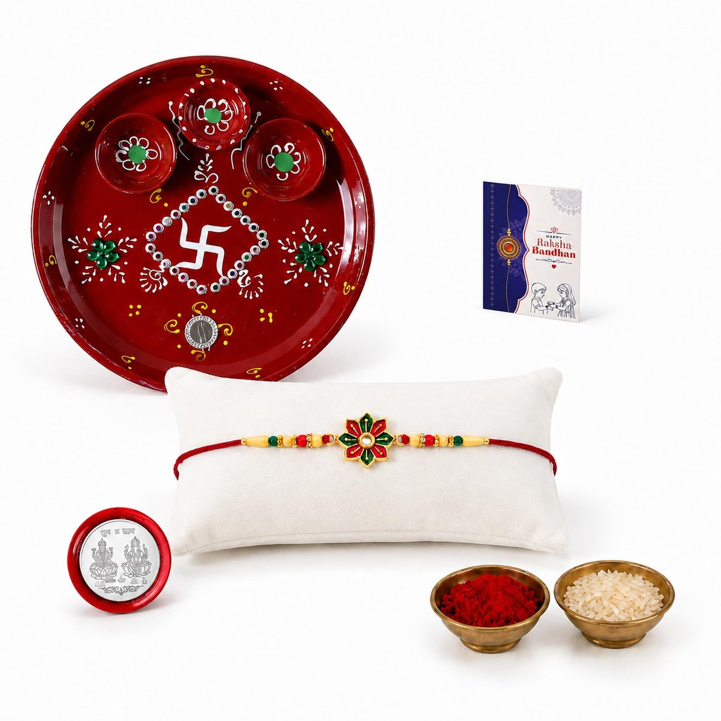 Flower Rakhi Combo - Raksha Bandhan Gift with Decorated Pooja Thali, Pack of 5 for Bhaiya