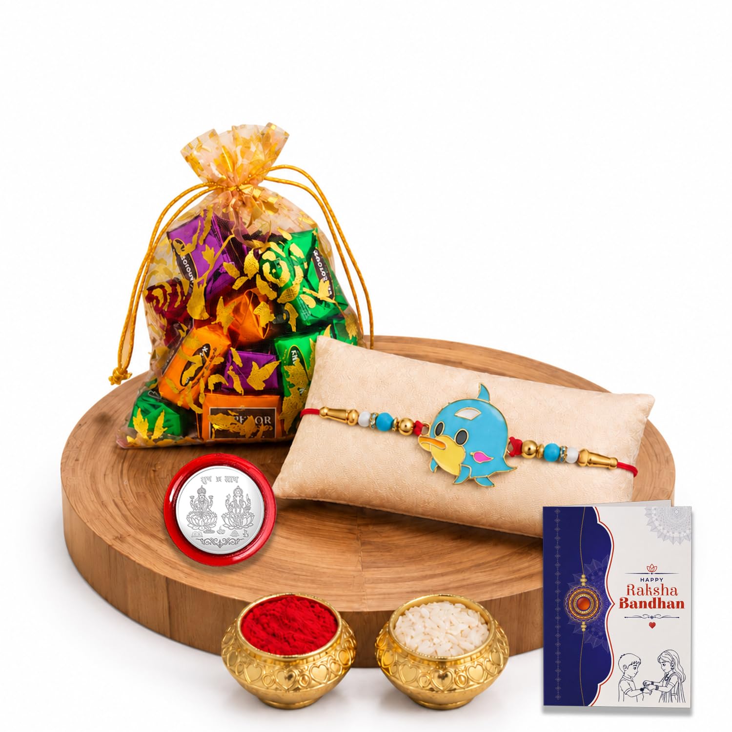 Kids Rakhi for Brother with Assorted Treats 10pcs, Roli Chawal & Card, Pack of 5