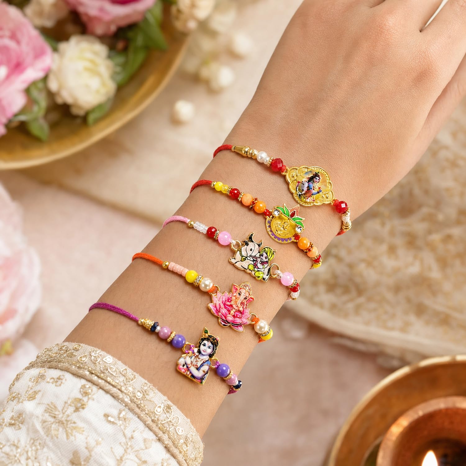 Elegant Attractive Rakhi for Brother with Roli Tikka & Greeting Card, Pack of 8