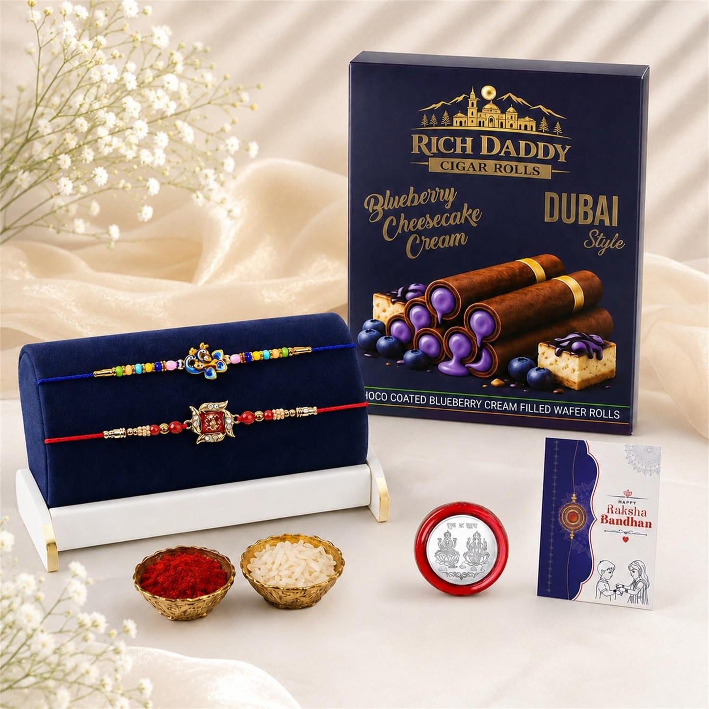 Peacock Rakhi for Brother with Blueberry Wafer Rolls, Coin & Card, Pack of 6