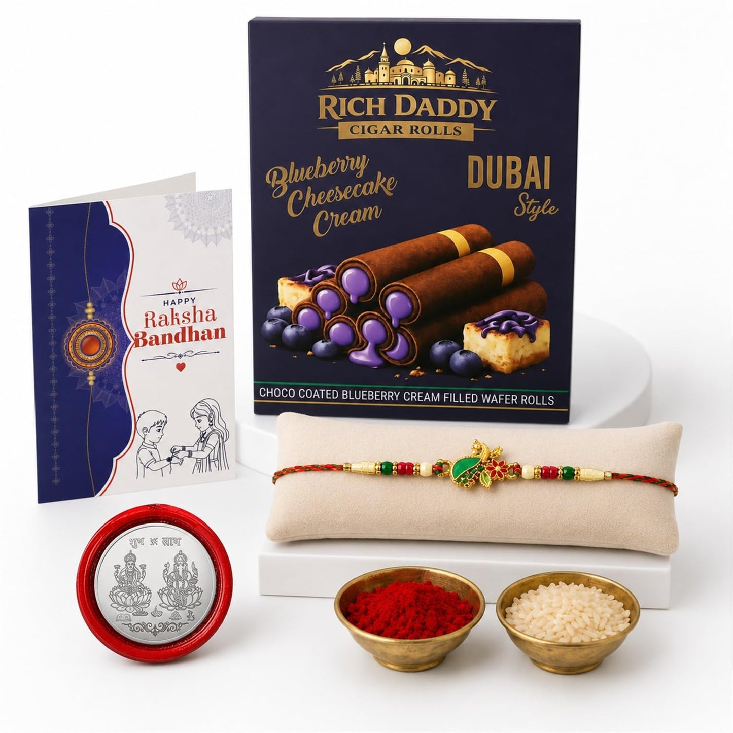 Peacock Multicolor Rakhi – Blueberry Cream Wafer Roll Gift Combo Gift Set (Pack of 5) For Raksha Bandhan