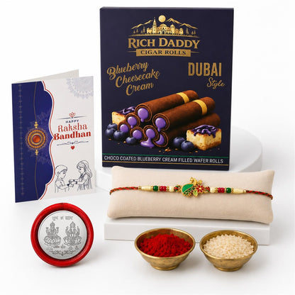 Peacock Multicolor Rakhi – Blueberry Cream Wafer Roll Gift Combo Gift Set (Pack of 5) For Raksha Bandhan