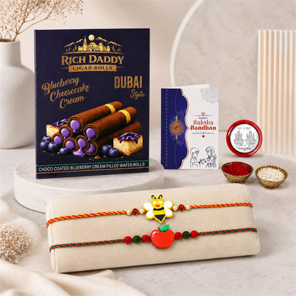 Bee motif Rakhi for Brother with Blueberry Wafer Rolls, Coin & Card, Pack of 6