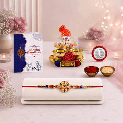 Round Multicolor Rakhi for Brother & Bhaiya with Ganesha Pooja Thali | Pack of 5