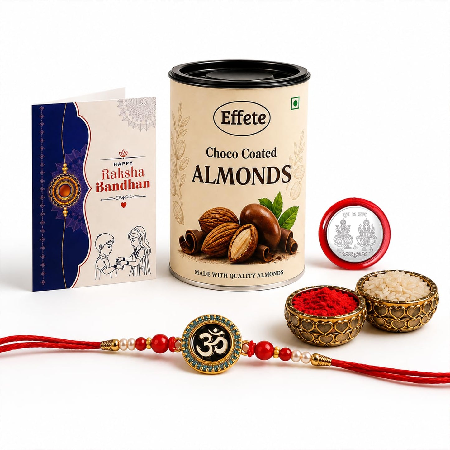 Om Rakhi for Brother with Chocolate Almonds 96gm, Roli Tikka & Card, Pack of 5