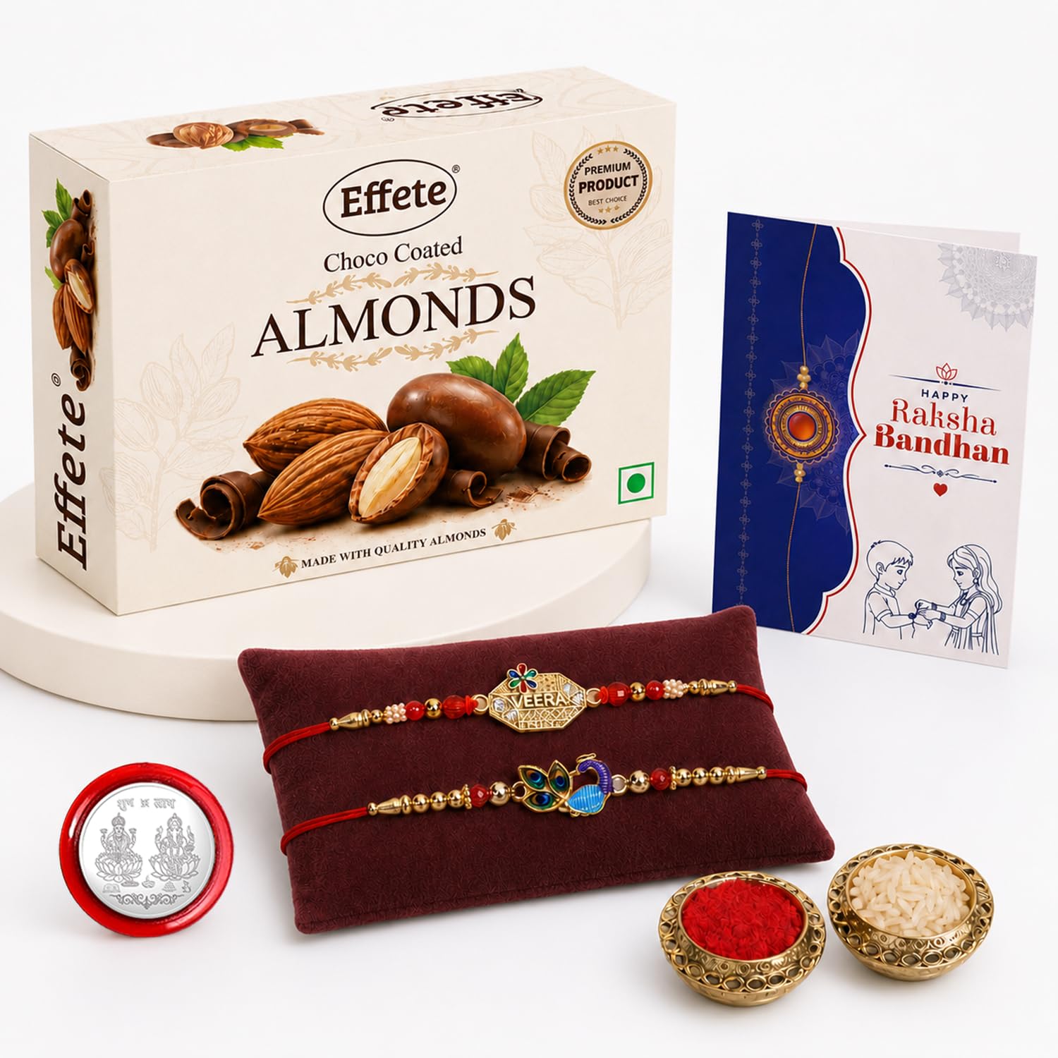 Veera Rakhi for Brother with Chocolate Almonds 32gm, Roli Tikka & Card, Pack of 6