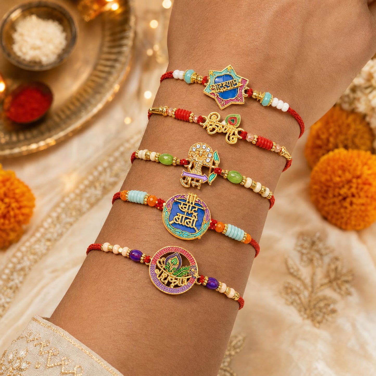 Elegant Stylish Rakhi for Brother with Roli Tikka, Pooja Coin & Card, Pack of 8