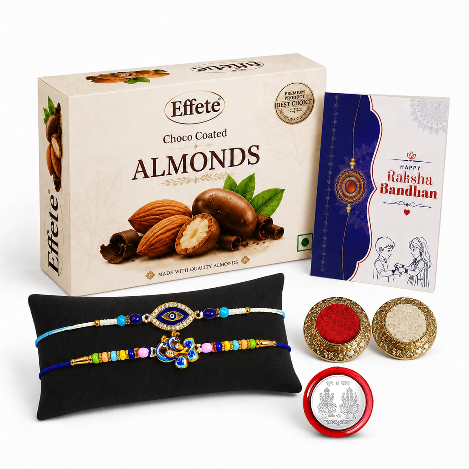 Evil Eye, Peacock Rakhi Combo - Raksha Bandhan Gift with Choco Almonds 32gm, Pack of 6