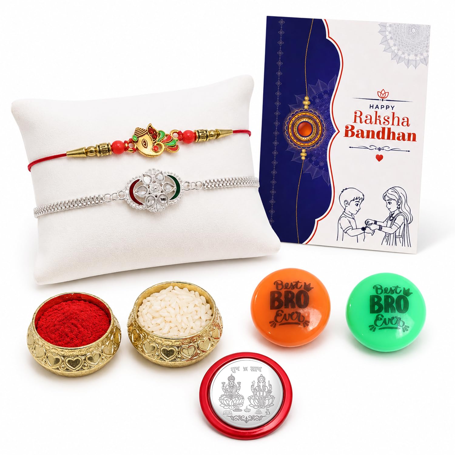 Rakhi Set for Brother (Set of 2) – Ganesh & Flower Style Rakhi Combo with Roli Chawal, Silver Color Coin, Multicolour Magnets & Greeting Card – Traditional Raksha Bandhan Gift Hamper for Bhai