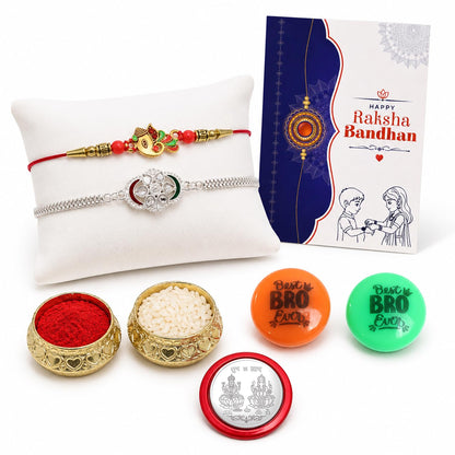 Rakhi Set for Brother (Set of 2) – Ganesh & Flower Style Rakhi Combo with Roli Chawal, Silver Color Coin, Multicolour Magnets & Greeting Card – Traditional Raksha Bandhan Gift Hamper for Bhai