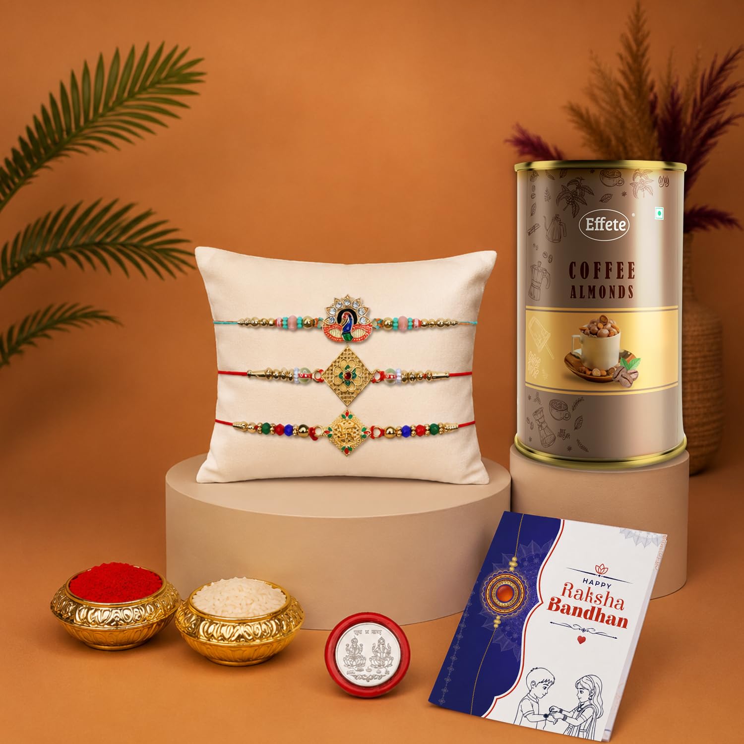 Peacock Rakhi for Brother with Coffee Almond 96gm, Roli Tikka & Card | Pack of 7