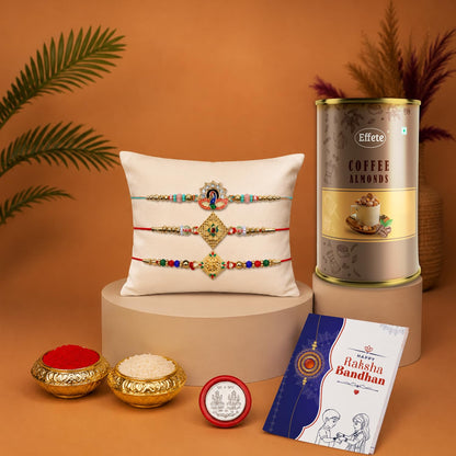Peacock Rakhi for Brother with Coffee Almond 96gm, Roli Tikka & Card | Pack of 7