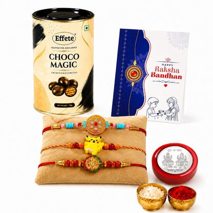 Ganesha Rakhi for Brother with Chocolate Magic 96gm, Roli Tikka & Card, Pack of 7