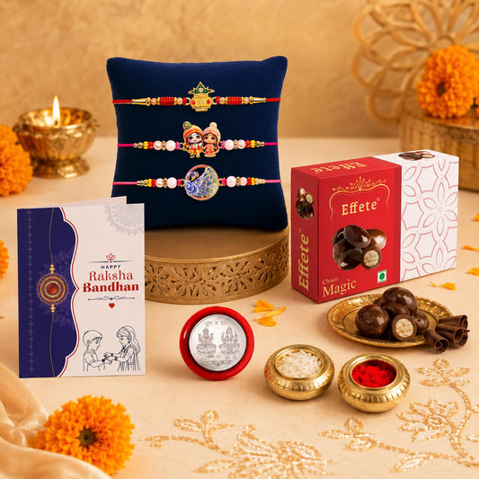 Rakhi with Chocolate for Brother – Festival Joy Combo for Brother with Rakhi, Chocolate, Greeting Card & Traditional Essentials (Pack of 7) For Raksha Bandhan